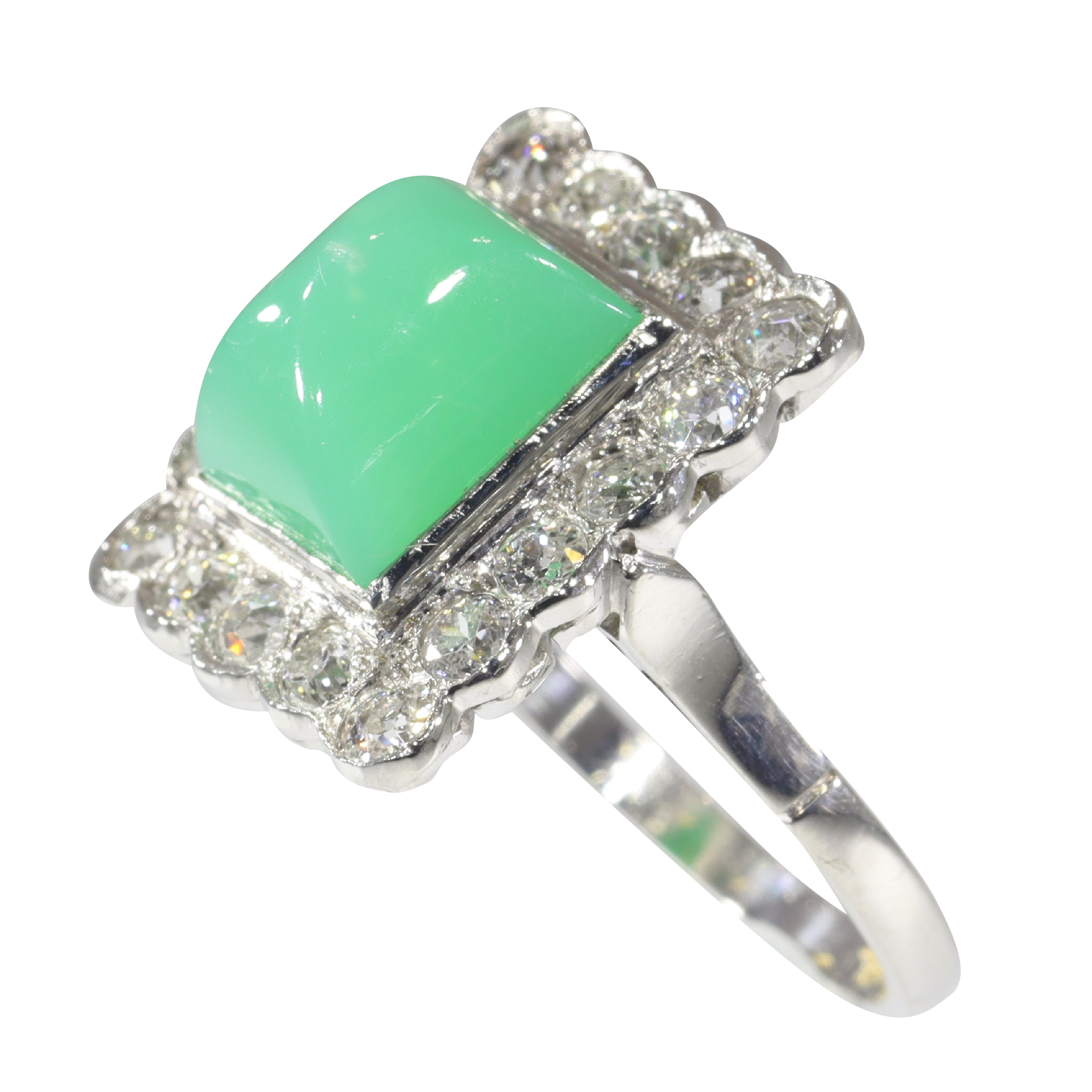 Vintage Fifties diamond and high domed chrysoprase ring